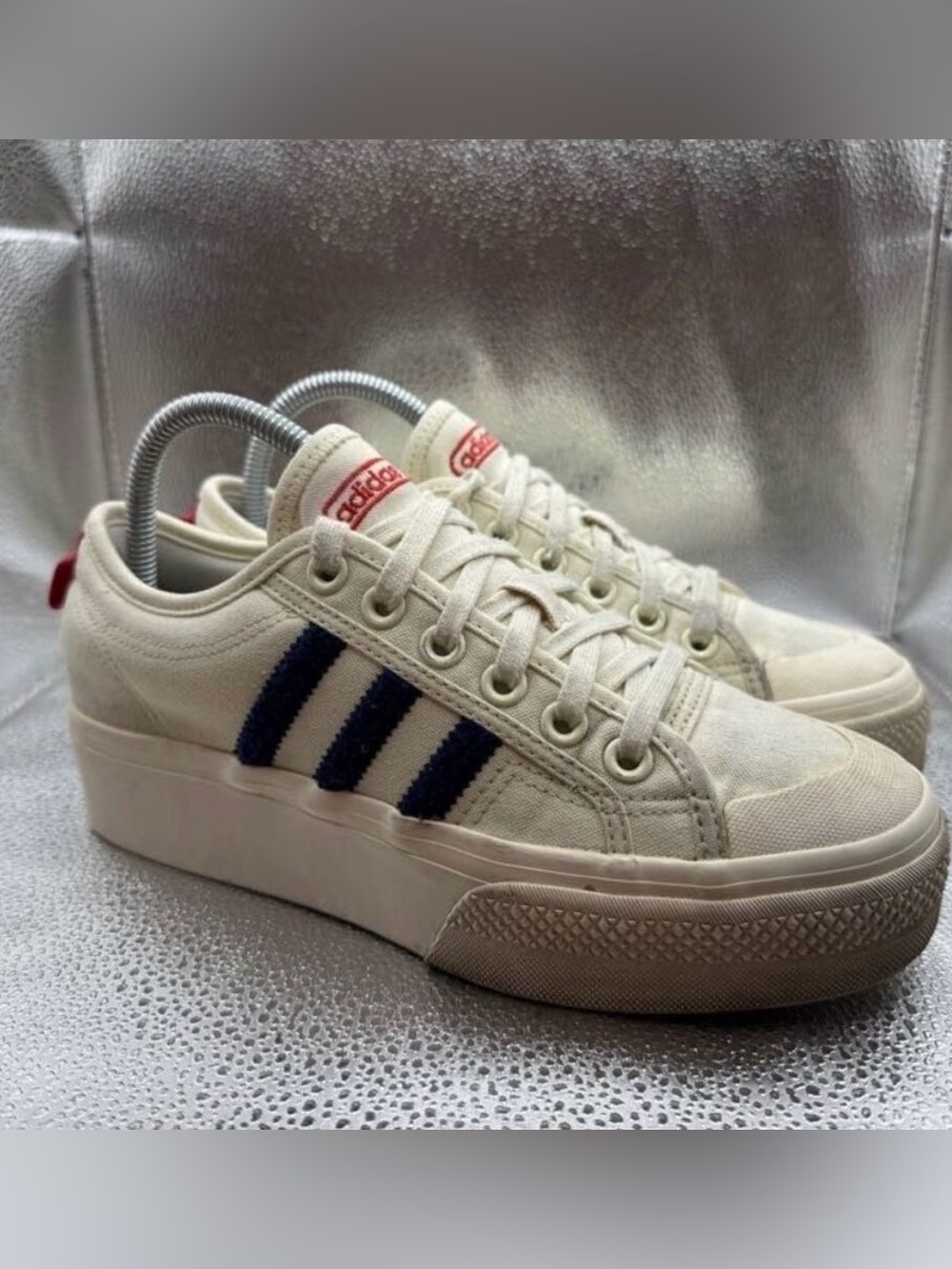 adidas Women's Cream Canvas Sneakers with Navy Stripes
